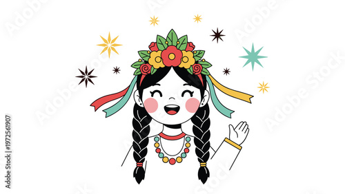 Smiling young girl wearing a traditional ukrainian vinok floral wreath with colorful ribbons and ethnic clothing.