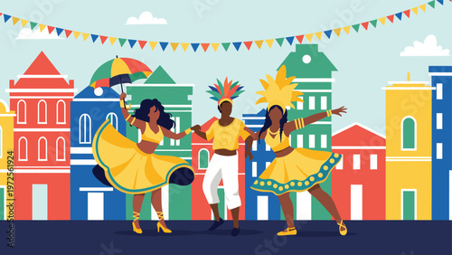 Vibrant illustration of traditional dancers performing in the street during a brazilian carnival festival with colorful colonial buildings.