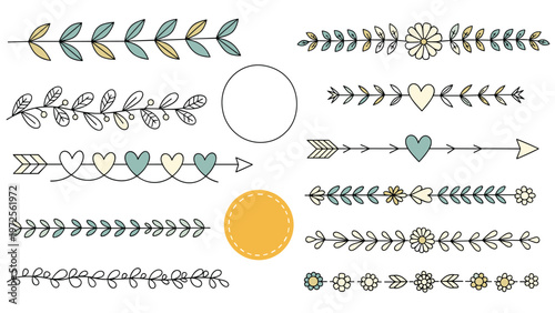 Collection of soft pastel colored decorative dividers, arrows, and borders with floral, heart, and geometric motifs.