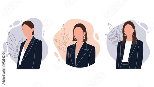 Three minimalist portraits of professional businesswomen in dark blazers with abstract backgrounds and leaf line art.
