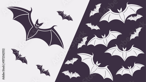 Flock of bats flying in formation against a dark sky