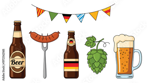 Traditional German food and drink set for Oktoberfest including beer bottles, a mug, sausage on a fork, and hops.