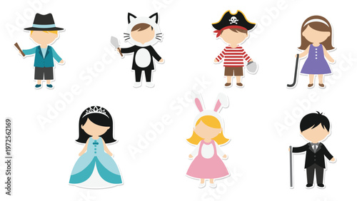 Various children in fun costumes like a detective, cat, pirate, princess, and rabbit for a school play or party.