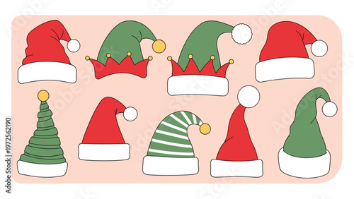 Collection of various Christmas and holiday hats including Santa Claus, elf, and winter beanie styles on pink background.