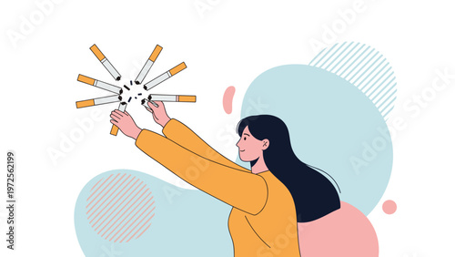 Young woman breaking a bunch of cigarettes to quit smoking and improve her health against an abstract background.