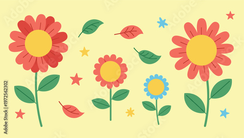 Flat illustration of colorful flowers leaves and stars scattered across a bright yellow background for spring design.