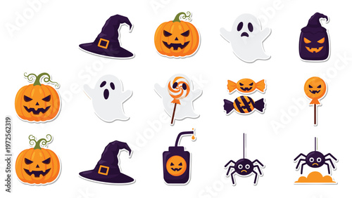 Set of spooky Halloween stickers featuring pumpkins ghosts witches hats candies and spiders for festive decoration.