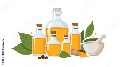 Selection of natural essential oil glass bottles with green leaves and a ceramic mortar and pestle on a white background.