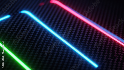 Close-up of glowing neon lines in blue, green, and red on a dark background with a carbon fiber-like texture and small purple and blue dots.