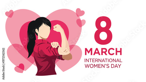 Empowerment illustration for International Womens Day with a strong woman flexing her arm on a pink heart background.