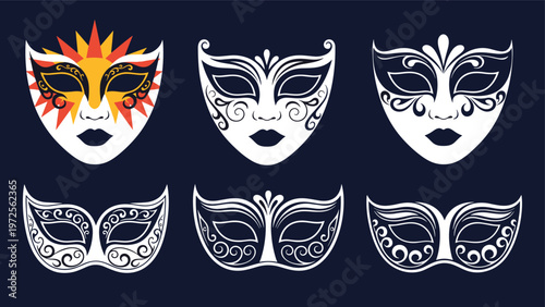 Set of elegant and colorful carnival masks with intricate patterns and sun design on a dark navy blue background.