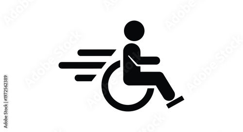 Vector illustration monochrome silhouette of person in wheelchair moving quickly on white background