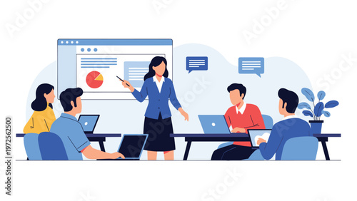 Professional woman giving a business presentation with data charts and graphs to her team in a modern office space.