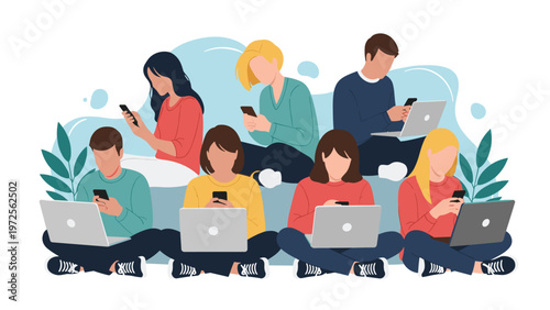 Group of young people sitting together and focused on using their laptops and smartphones for social communication.