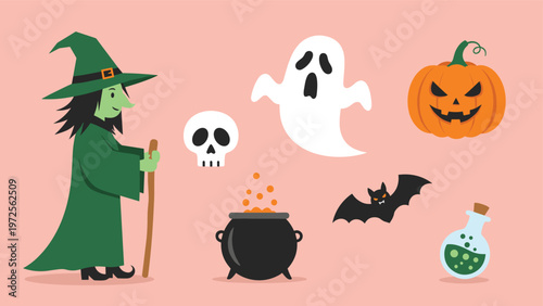 Set of classic Halloween characters and objects including a witch ghost pumpkin skull bat and magic potion bottle.