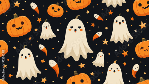 Halloween ghost and pumpkin decorations scattered together