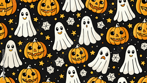 Halloween pumpkins and ghost decorations in a repeating pattern