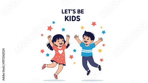 Joyful young boy and girl jumping with excitement surrounded by colorful stars and the handwritten text lets be kids.