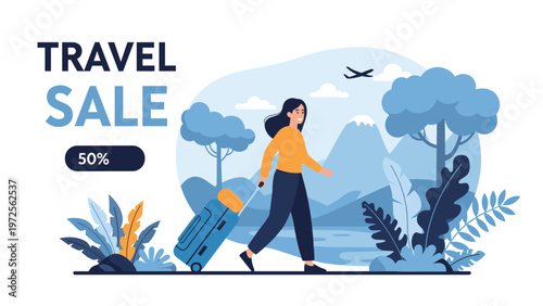 Cheerful woman walks through a scenic mountain landscape with her suitcase during a special travel sale promotion event.