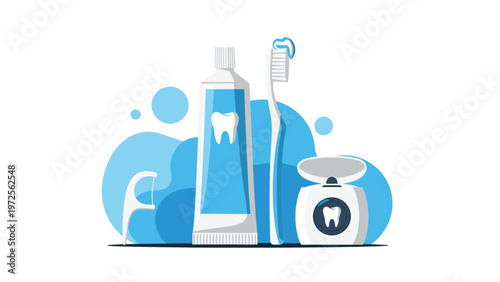 Essential dental hygiene products featuring a tube of toothpaste, toothbrush with paste, dental floss, and interdental cleaner.