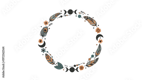 Beautiful circular frame design composed of decorative feathers, colorful flowers, and moon phases on a plain background.