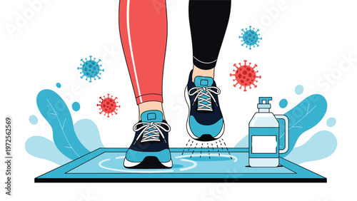 Person steps onto a specialized disinfecting floor mat to clean shoes with a bottle of sanitizer and virus icons nearby.