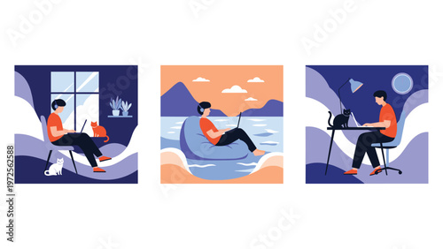 Three diverse scenes showing people working remotely on laptops in different settings like home, the beach, and an office.