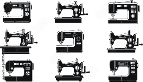 Collection of vintage and modern sewing machines isolated on light background, tailoring equipment illustration set, textile industry tools for fashion design and craft production