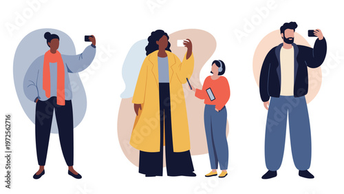 Group of diverse people standing together and using their mobile phones to take selfies or record videos in various poses.