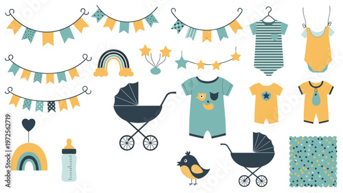 Extensive set of baby products and clothing items in a soft color palette including strollers, toys, and a feeding bottle.