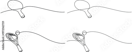 Illustrations of tennis rackets with different ball trajectories in motion Vector