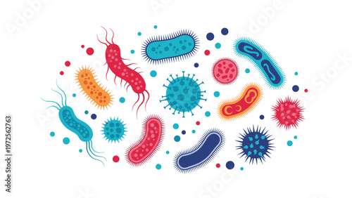 Microscopic view of various colorful bacteria and virus cells in different shapes and sizes on a plain white background.