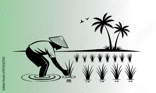 Rice Farmer Silhouette Planting Seedlings in Paddy Field with Palm Trees and Birds on Green Background, Representing Traditional Asian Agriculture and Rural Farming Life