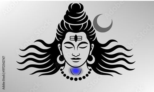 Lord Shiva Face Illustration with Crescent Moon, Third Eye, and Flowing Hair, Representing Hindu Mythology, Spirituality, Mahadev, and Sacred Indian Culture