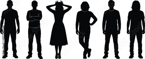 Double exposure of human face and silhouettes representing identity confusion mental stress and emotional concept combining abstract portrait with people figures and psychological theme