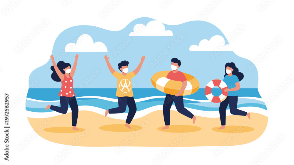 Obraz premium Group of friends wearing protective face masks while having fun and dancing on a sunny beach near the blue ocean waves.