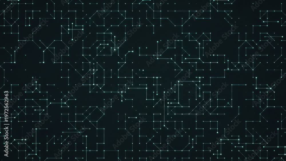 Obraz premium A dark background with a complex network of glowing blue lines and dots forming a futuristic and technological abstract pattern.