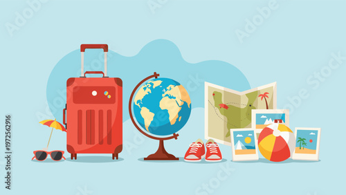 Collection of travel essentials including a red suitcase, globe, map, beach ball, and photographs on a blue background.