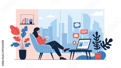 Woman relaxing in a chair with a cup of coffee while working on a laptop in front of a large window with city views.