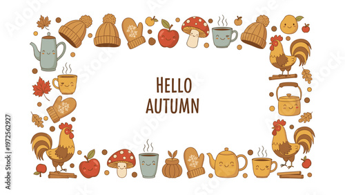 Decorative autumn frame composed of seasonal elements like hats, mugs, apples, and roosters with the text Hello Autumn.