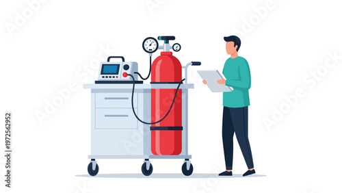 Medical technician checking equipment beside a red oxygen cylinder on a trolley in a healthcare or hospital setting.
