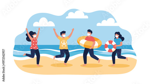 Group of friends wearing protective face masks while having fun and dancing on a sunny beach near the blue ocean waves.