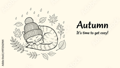 Hand-drawn illustration of a cozy cat sleeping in a knit hat surrounded by falling autumn leaves and raindrops.
