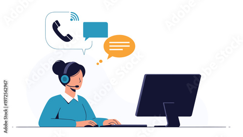 Professional female call center operator wearing headset works at computer with customer support communication icons.