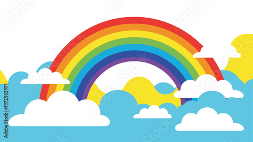 Vibrant multi colored rainbow arches across blue sky with soft white and yellow fluffy clouds illustration.