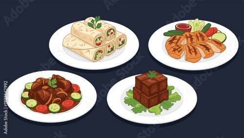 Four gourmet meal plates with healthy wraps grilled chicken stew and brownie dessert on dark blue background.