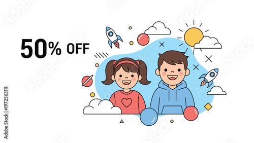 Promotional banner featuring happy children and space-themed illustrations with a fifty percent off discount offer.