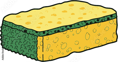 A dual-sided cleaning sponge with abrasive green and soft yellow sides.