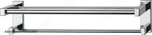 Double towel bar made of polished stainless steel hangs on a white.