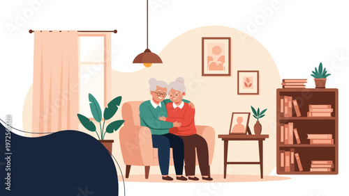 Loving elderly couple sitting together on a comfortable sofa in a cozy living room with a shelf and stylish home decor.